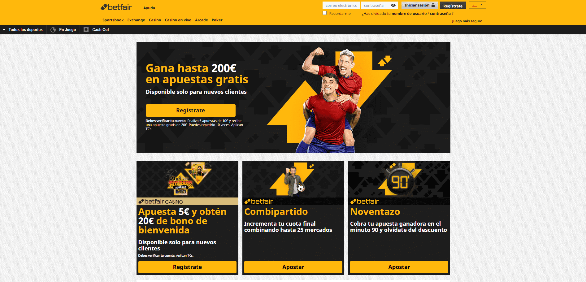 Página principal de Betfair Apuestas