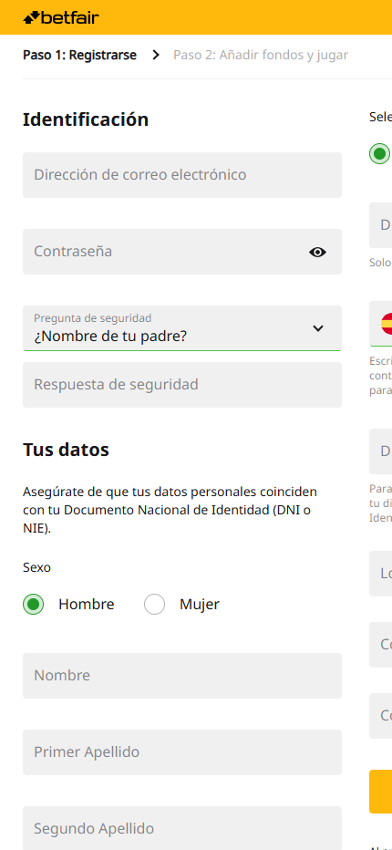 Betsson Registration Spain (Mobile screen)