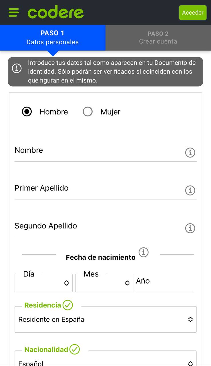 Cómo registrarse en Codere España desde el móvil