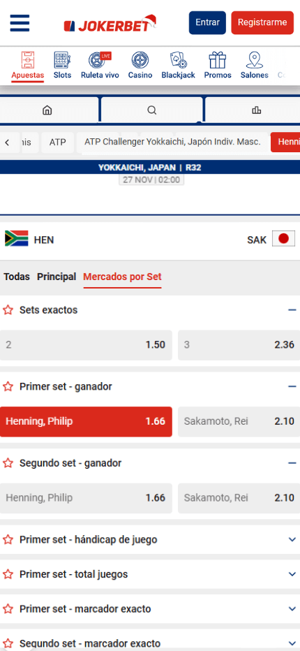 Jokerbet - Apuestas en sets y juegos específicos (Mobile screen)