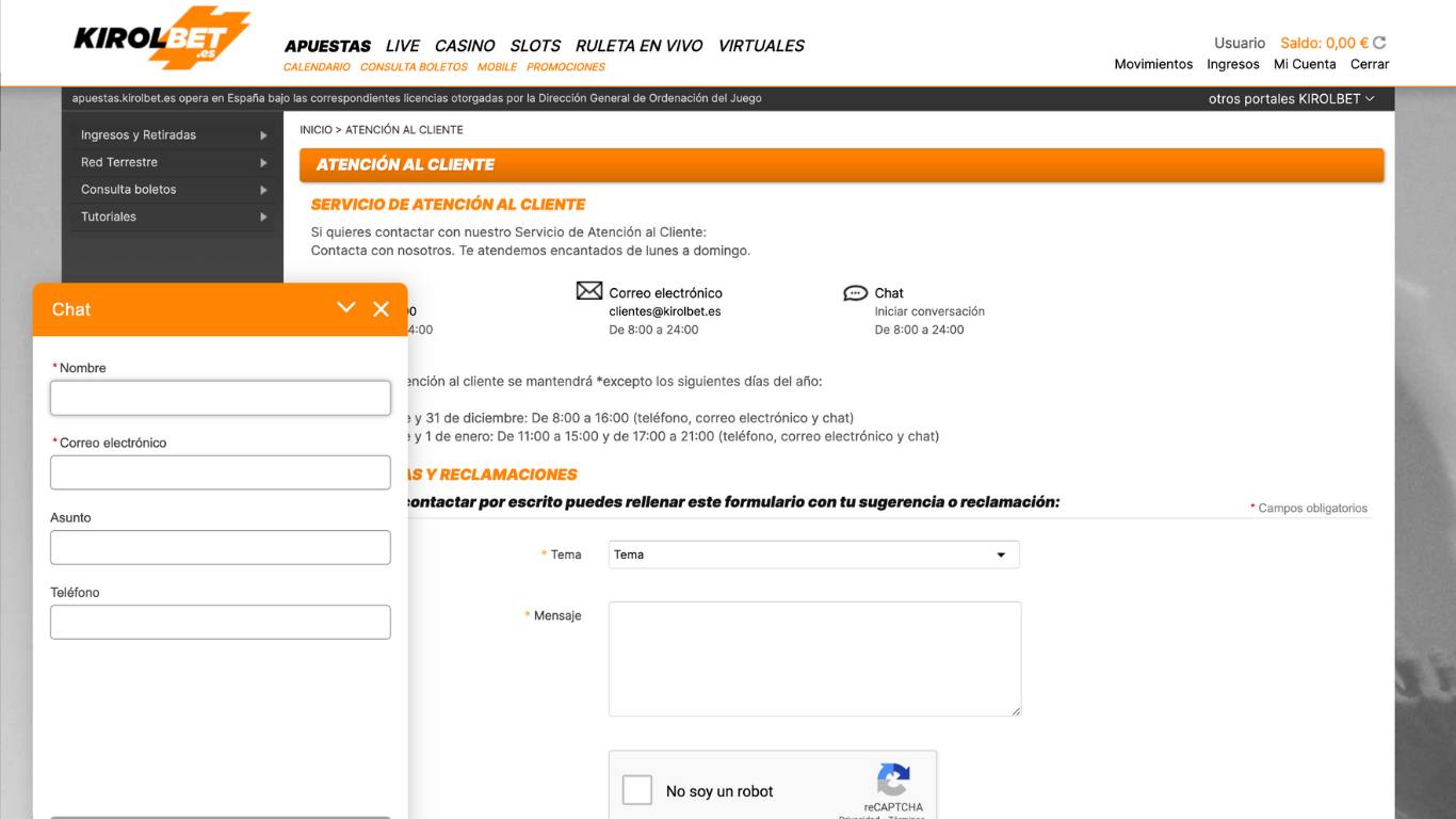 Kirolbet Contact page Spain