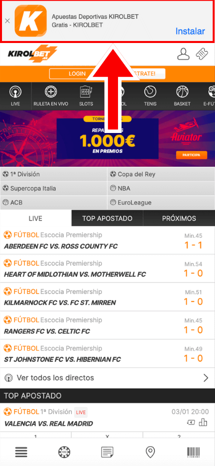 Kirolbet Mobile App Spain (Mobile screen)