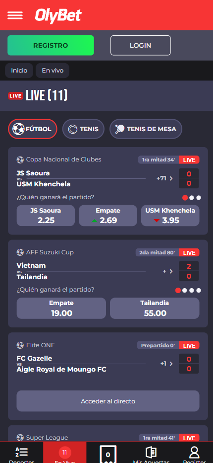 Olybet Live Sport Betting Spain (Mobile screen)