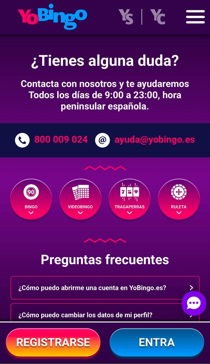 Sección de Contacto en YoBingo Casino