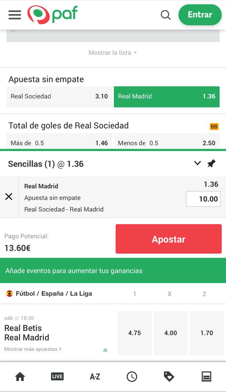 Apuesta sin empate en Paf