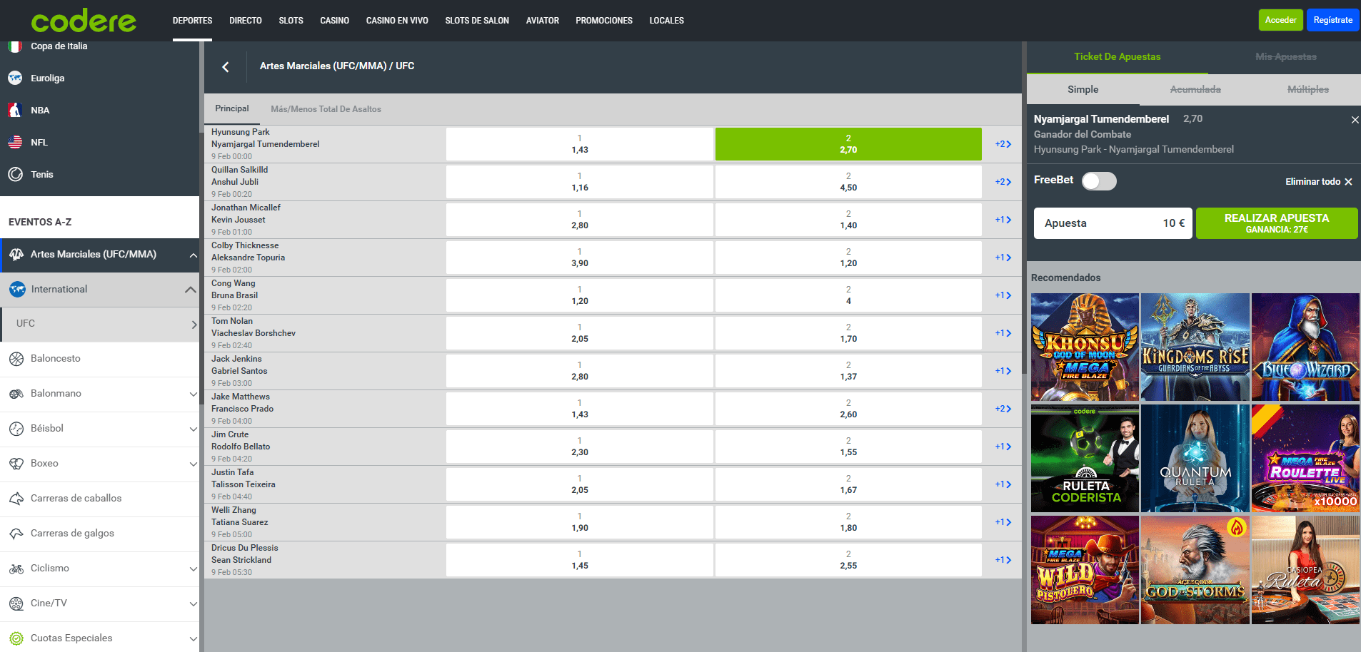 Apartado de UFC en Codere Apuestas