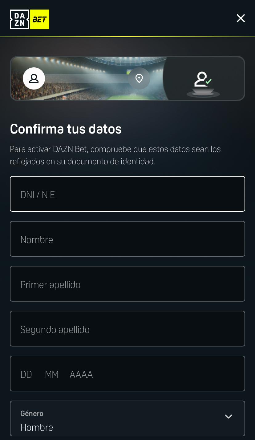 Formulario de registro en DAZN Bet Casino