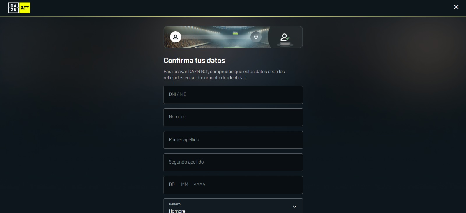 Formulario de registro en DAZN Bet Casino