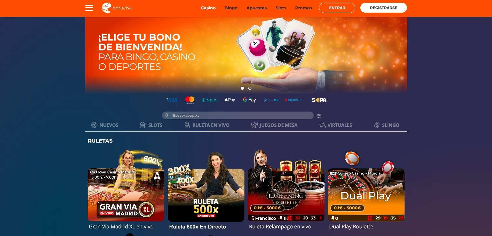 Página principal de Enracha casino 