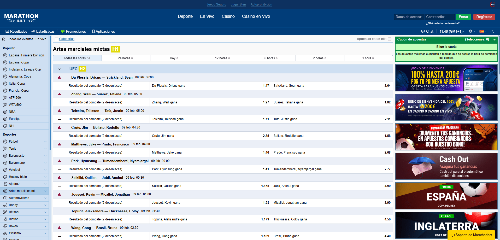 Sección de UFC en Marathonbet Apuestas