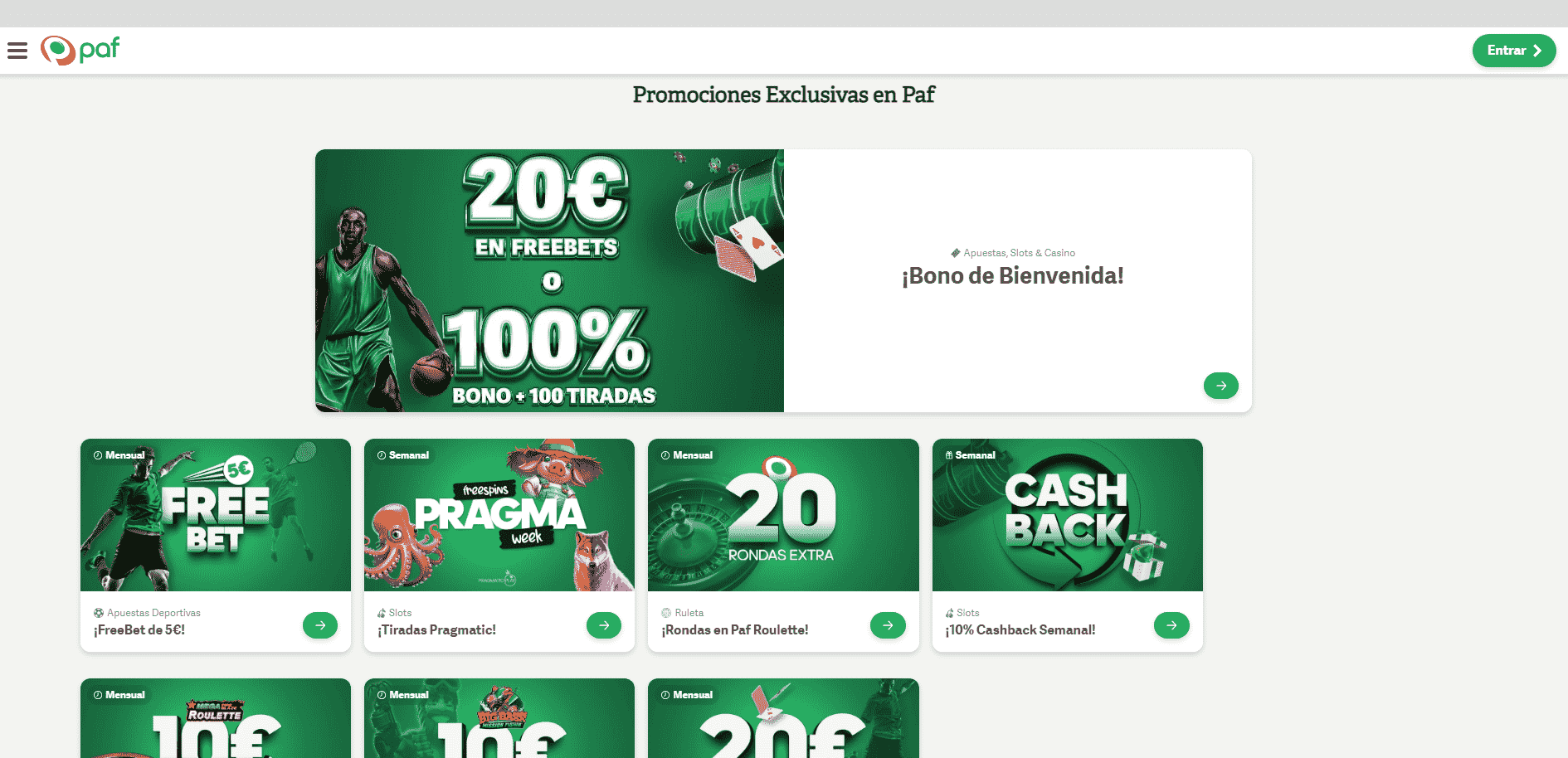 Sección de ofertas y promociones en Paf Casino