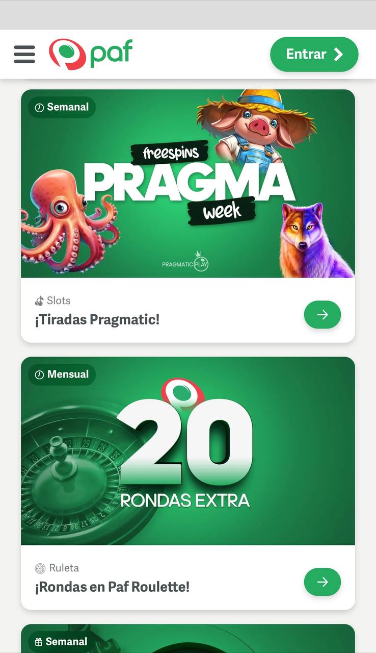 Sección de ofertas y promociones en Paf Casino