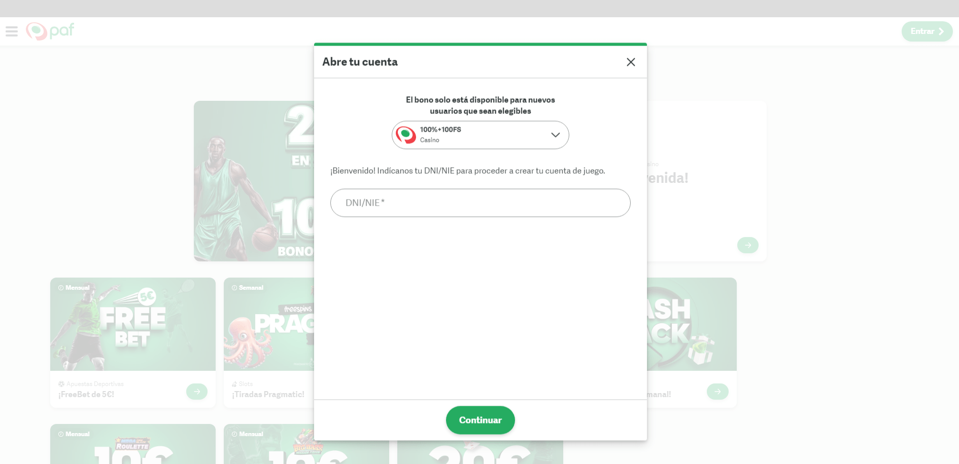 Formulario de registro en Paf Casino