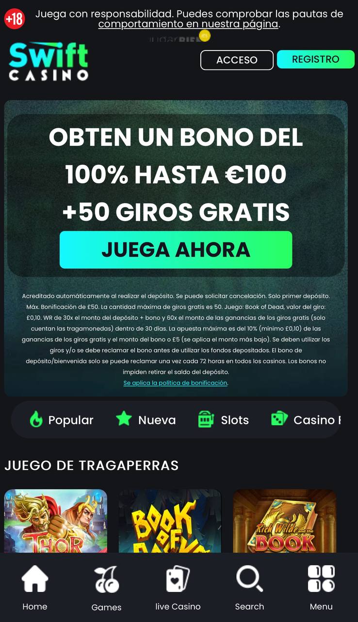 Página principal de Swift Casino