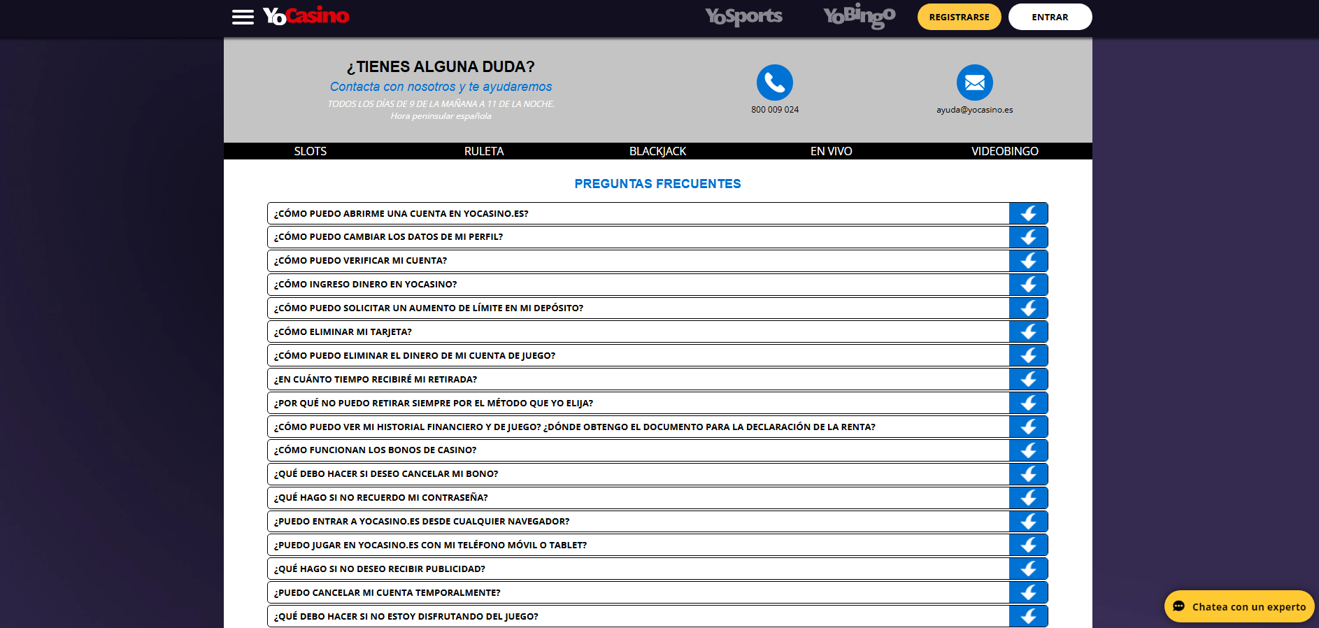 Sección de Ayuda y Contacto en YoCasino