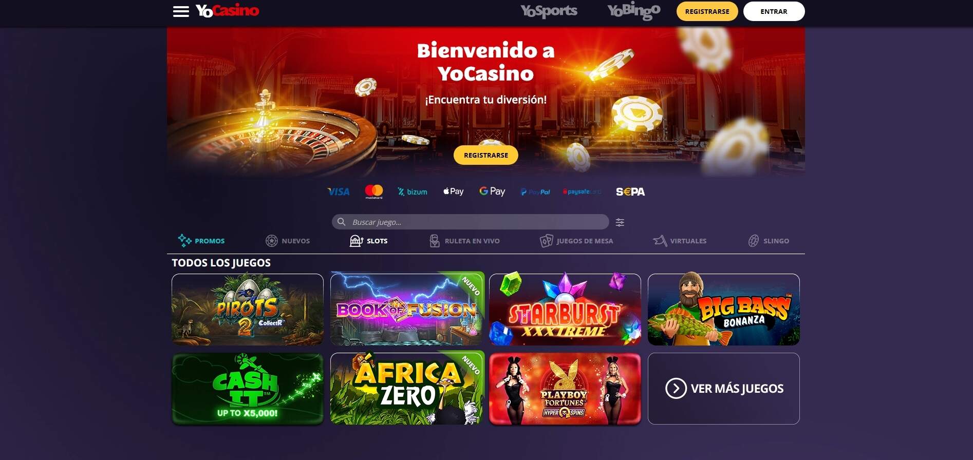 Sección de slots en YoCasino