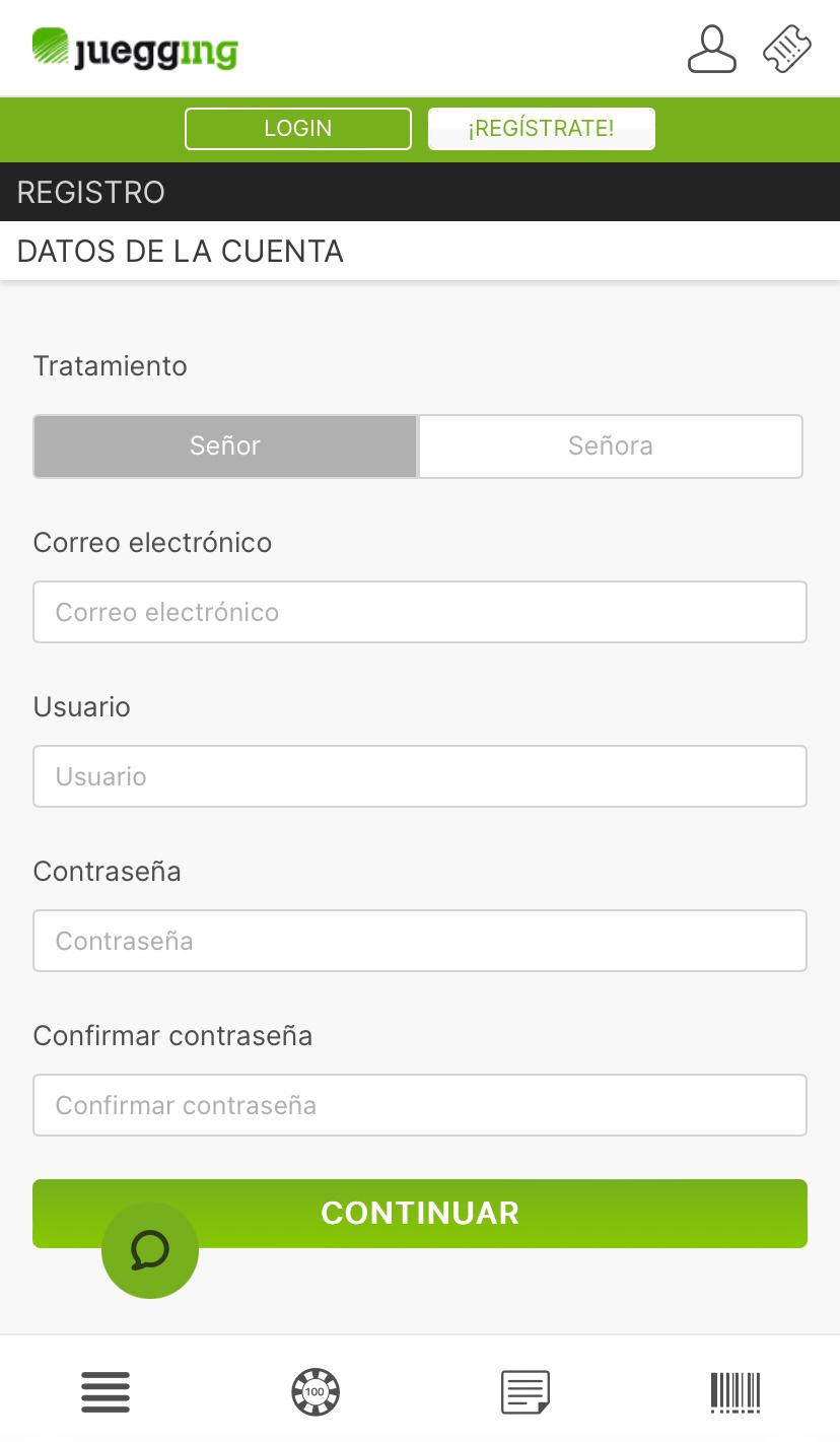 Formulario de registro en Juegging Casino