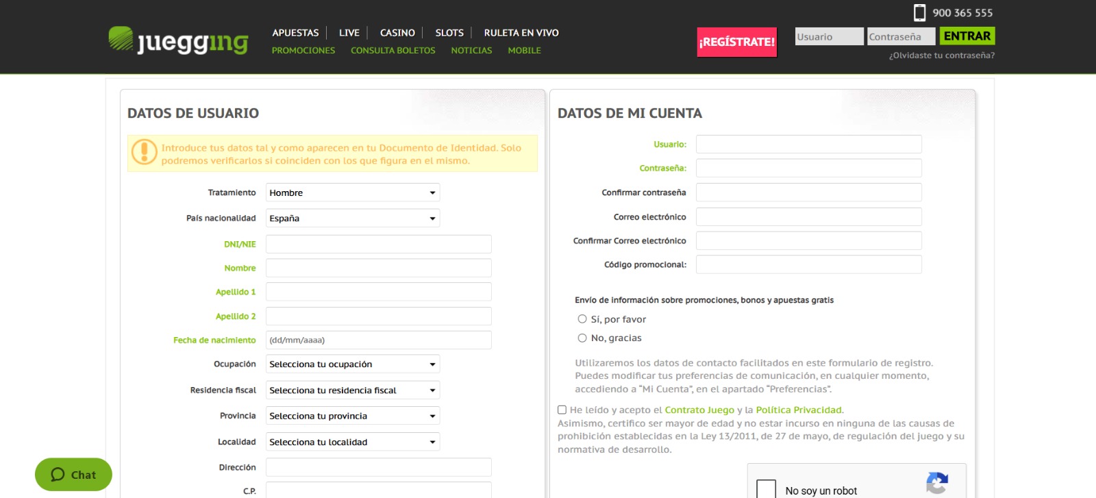 Formulario de registro en Juegging Casino